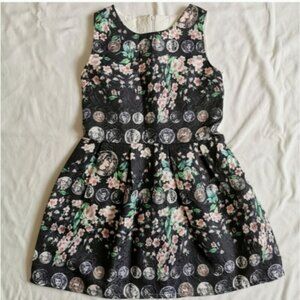 White Black Floral Cameo Coin Print Brocade Fit & Flare Dress Size SMALL